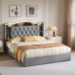 Moodne kaheinimesevoodi 160 x 200 cm, LED-valgustusega, USB Type-C, hall, samet