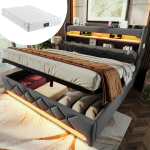 Polsterdatud voodi 140x200 cm, USB/Type-C, 360&deg; LED, h&uuml;drauliline hoiustamine, hall linane (madratsiga)