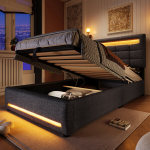 Polsterdatud voodi 90x200 cm, APP, LED, h&uuml;drauliline hoiustamine, USB, linane kangas, hall