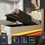 Pehme voodi 90x200 cm LED-valgusti, USB-C ja h&uuml;draulilise hoiukastiga, valge (ilma madratsita)