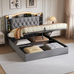 Voodi 160 &times; 190 CM, LED-valgustuse ja USB-liidesega, h&uuml;draulilise t&otilde;stemehhanismiga, panipaigaga peatsiga, hall, flanell