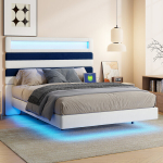 Polsterdatud voodi LED ja USB-ga, reguleeritav peats, samet, beež+sinine 140x190