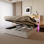 Kaheinimesevoodi, 160x200 cm, peatsipea USB- ja LED-tuledega, panipaigaga voodi, PU, valge