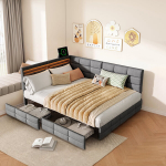 Diivanvoodi 140x190cm kahe sahtliga - LED ja USB-ga - linane - hall