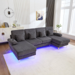 Moodne U-kujuline diivan LED-valgustite, USB-C ja puitraamiga, 4 padjaga, hall