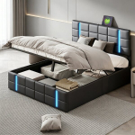 Voodi, 160&times;200 cm, USB-pordiga, PU materjal, must.