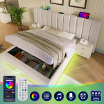 Polsterdatud voodi 180x200 cm, LED, USB-C, sahtlid, liistudest raam, linane, beež, ilma madratsi ja &ouml;&ouml;lambita