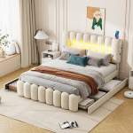 Polsterdatud voodi 160x200 cm, ilma madratsita, 4 sahtliga, LED, USB, stereo, samet, beež