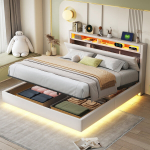 Polsterdatud voodi 160x200 cm, h&uuml;drauliline, LED, USB, linane, beež