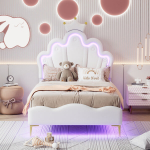 Lastevoodi 90x200 cm, kroonikujuline, PU, LED, reguleeritav, valge