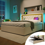 Polsterdatud voodi 160x200 cm LED-valgusti, USB-C ja sahtlitega, puuvill, ilma madratsita