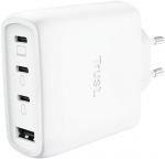 Trust mobiilne laadija MAXO 65W/4-PORT GAN 26068, 65W, 3xUSB-C, 1xUSB-A, 2m kaabel, valge, kiire laadimine, &uuml;lekoormuse kaitse