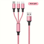 3-&uuml;hes Kiirlaadimiskaabel - Universaalne IPhone, T&uuml;&uuml;p-C, Micro USB Seadmetele, Rose Golden