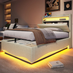 Pehmete polsterdatud voodiraam, LED, USB-C, h&uuml;draulika, 90x200 cm