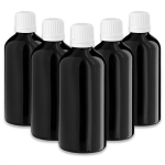 Must klaaspudel 100 ml tilguti ja valge kork, 5-osaline komplekt