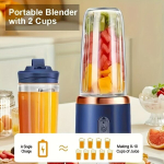 2-&uuml;hes USB-blender, sinine, 6 teraga, 2 tassi, kaasaskantav, v&auml;rviline karp
