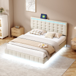 Kaheinimesevoodi, 160x200 cm, LED-valgustuse ja USB-pordiga, ujuvvoodi, linane, beež