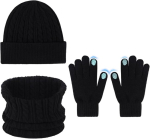 Beanie m&uuml;ts, sall, kindad 3in1 talvekomplekt puutetundlik must