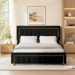 Voodi 140x200cm &ndash; h&uuml;draulilise mehhanismiga panipaik &ndash; kuldset tooni viimistlus &ndash; veluur &ndash; must