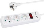Pikendusjuhe 3 pistikupesaga, 2 Usb, l&uuml;liti, 1,5 m