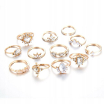 kuldne RETRO PUNK BOHO RINGIDE SET 10 10, auksinis RETRO PUNK BOHO žiedų rinkinys 10