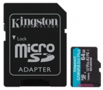 Kingston m&auml;lukaart microSDXC 64GB CanvasGo! Plus 200MB/s A2 U3 V30 + Adapter