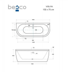 Vann Besco Volya, 150 x 75 cm, kuldse sifooni ja t&auml;idisega