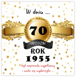 &Otilde;nnitluskaart 70. s&uuml;nnip&auml;evaks, 1955. aasta v&auml;ljalase, kingitus, m&auml;lestus + &uuml;mbrik