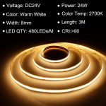 Ttway Cob Led riba 3 m, 2700 K soe valge Led riba koos toiteploki ja kaugjuhtimispuldiga, Dc24 V, 480 Led-i/m, Cri 90+, 8 mm laius, dimmerdatavad valgusribad magamistoa kaunistamiseks