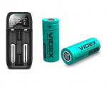 Akulaadija laetavate akude jaoks Li-ion/IMR/INR/ICR, LiFePO4 ja Ni-MH/Cd, Videx + akud 26650, 5000mAh, 3,7V (2 tk.)