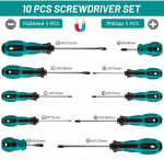 10-osaline magnetotsaga kruvikeerajate komplekt, kroomvanaadiumterasest kruvikeerajate komplekt, 5 Phillips kruvikeerajat ja 5 lapiku peaga kruvikeerajat libisemiskindla k&auml;epideme ja magnetiseerijaga