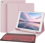 Gkabxy klaviatuurikohver ipad 9./8./7. p&otilde;lvkonnale (2021/2020/2019) 10,2-tollisele tahvelarvutile, pliiatsi hoidjaga, 7 v&auml;rvi taustvalgustusega, eemaldatav magnetiline bluetooth-klaviatuur, qwertz paigutus, roosa kuld