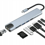 USB-C 8in1 hub HDMI 4K, USB 3.0, SD/microSD ja RJ45 portidega