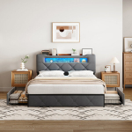 Voodi 140 &times; 200 cm, panipaigaga peatsipea, LED-valgusti ja USB-pesa, kaheinimesevoodi, neli sahtlit, hall