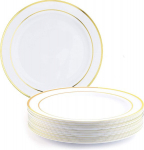 Valged peotaldrikud, plastmassist, kuldsete &auml;&auml;ristega, 26 cm, 25 tk
