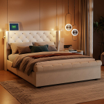 Voodi 140&times;190 cm, LED-valgustusega, voodi hoiukastiga, hall, samet