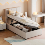 Lastevoodi, polsterdatud voodi, 90 x 200 cm, &uuml;heinimesevoodi, noortevoodi, vedrustusega voodi koos panipaiga ja reguleeritava voodipeatsiga, h&uuml;drauliline hoiustamisvoodi restraamiga, beež voodipesu, ilma madratsita