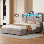 Kaheinimesevoodi, 140 x 200 cm, LED-valgustuse, USB-pordi ja 2 sahtliga, hall, linane