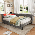 Diivanvoodi 140x200 cm - LED ja USB - 2 sahtlit - samet - hall