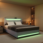 Kaheinimesevoodi, 140x200 cm, LED-valguse ja USB-laadimisega, liistudest raam, hall, linane