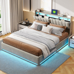 Kaheinimesevoodi 160 x 200 cm, polsterdatud voodi LED-valgustusega, USB-pesaga, hall, samet, ilma madratsita