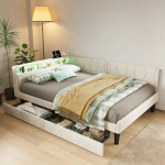 Polsterdatud diivanvoodi 140 x 200 cm, LED-valgustus ja USB-pesa, noortevoodi 2 sahtliga, samet, beež