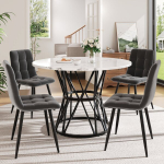 S&ouml;&ouml;gilaua komplekt 5 osa, &uuml;mmargune laud &Oslash;100 cm, mustad metalljalad, marmorist MDF, hallid sametist toolid