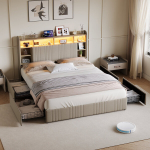 Voodi 140x200cm 4 sahtli ja panipaigaga - LED ja USB - linane - beež