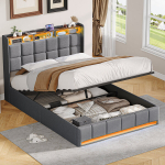 Kaheinimesevoodi 140x190cm h&uuml;draulilise panipaigaga - LED ja USB-ga - linane - hall