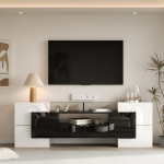 Televiisorialus 200 cm LED-valgustuse ja klaasist pealispinnaga, valge/must