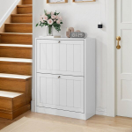 Jalatsikapp 60 cm, vabalt seisev, 2 allaklapitava sahtliga, mid-century modern stiil, valge, 1 tk