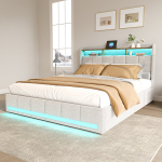 Kaheinimesevoodi 160 x 200 cm, LED-valgustuse, USB-C laadimisfunktsiooni ja 4 sahtliga, beež linane