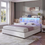 Polsterdatud voodi LED-valgustusega, USB ja C-t&uuml;&uuml;pi pordid, sotorage voodipeats, 160x200 cm, valge PU-nahk, ilma madratsita