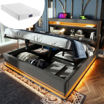 Polsterdatud kaheinimesevoodi 140x200, LED, USB ja Type-C, h&uuml;draulilise hoiukastiga, hall, madratsiga